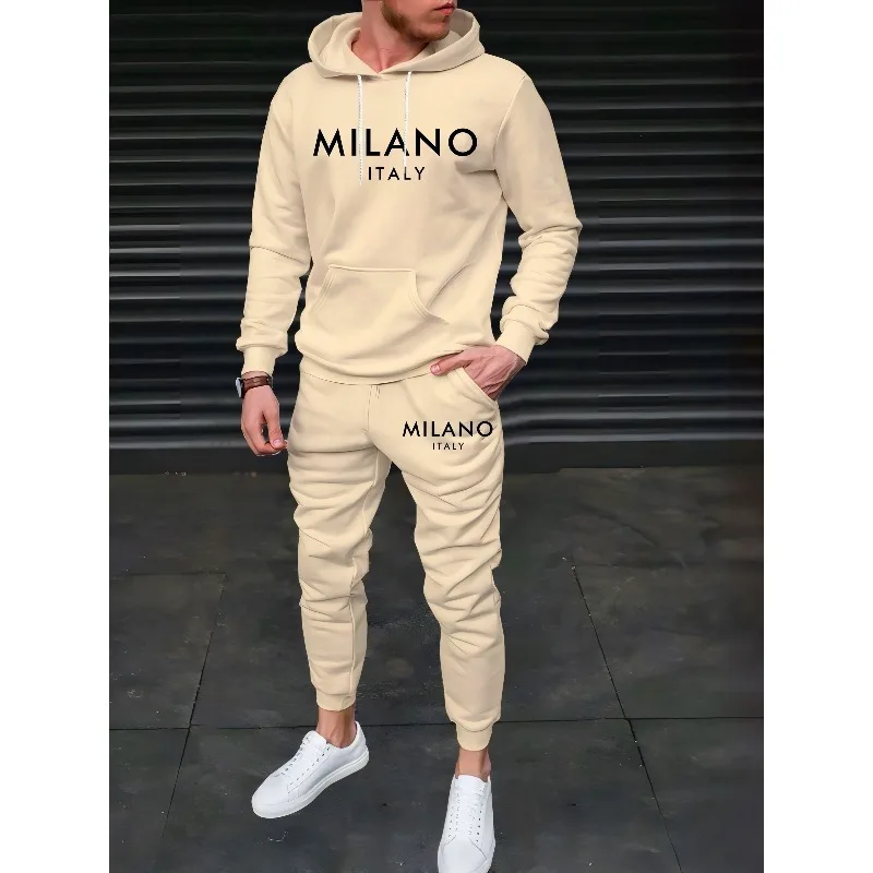 3D Printed Men's Casual Fashion Sports Premium Beige Letter Hoodie Set，Autumn and Winter Game Console Pattern Print Comfortable