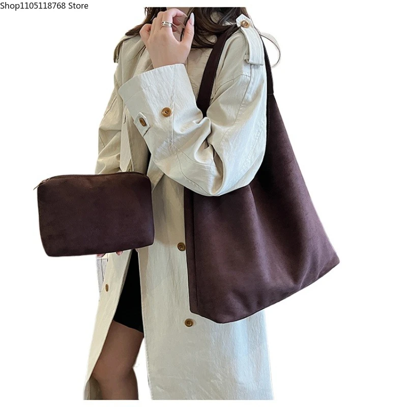 

Большие вместительные повседневные сумки на плечо из искусственной замши, однотонные простые модные универсальные сумки-тоут для женщин