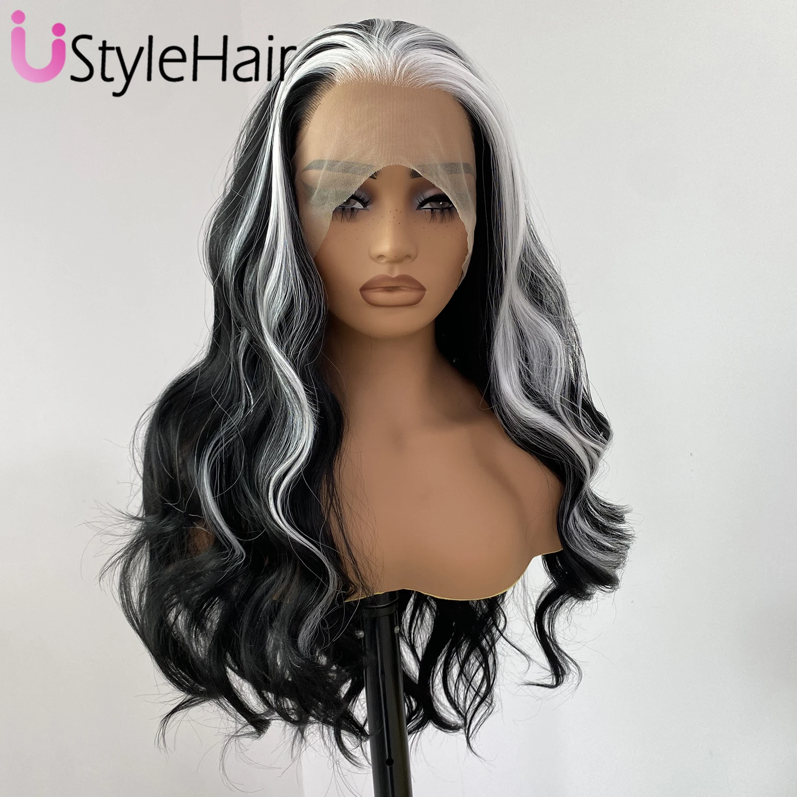 Black White Highlights Wig Long Body Wave Lace Wigs 13x4 Glueless Mix Color Synthetic Lace Front Wig Natural Hairline Daily Wear