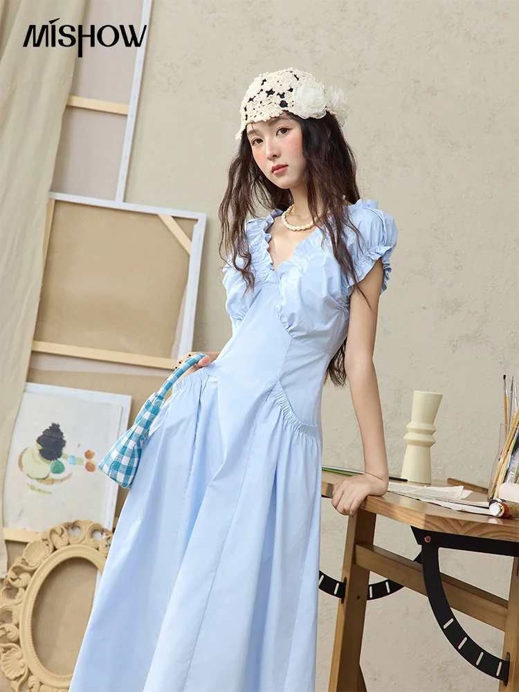

MISHOW Fashion V-neck Dresses for Women 2025 Summer New Office Lady Puff Sleeve Slim Midi Dress Women's Clothing MXD29L1934
