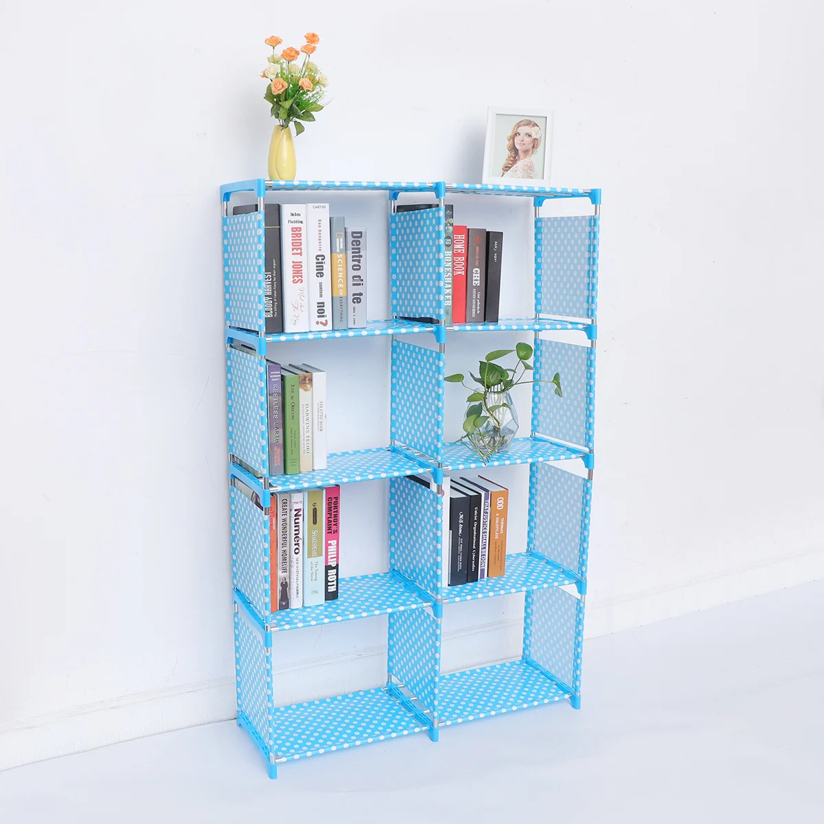 

Double Row Sky Blue Bookshelf Storage Rack Organizer Shelf Hollow Design for Sundries Display