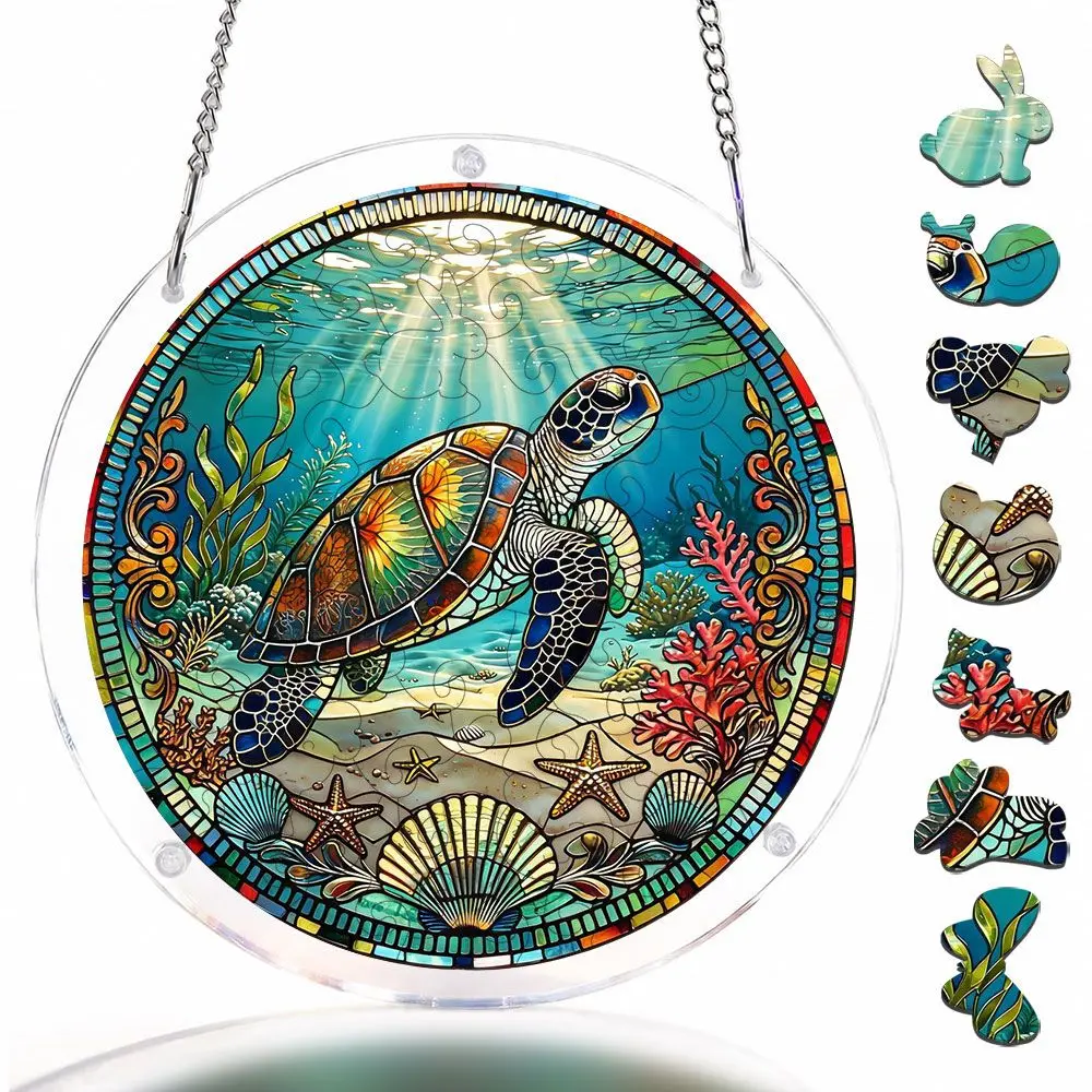 Sea Turtle Underwater Scene Acrylic Puzzle Garden Suncatcher, 57 Pieces Acrylic Jigsaw Puzzle Ornaments For Window Hanging