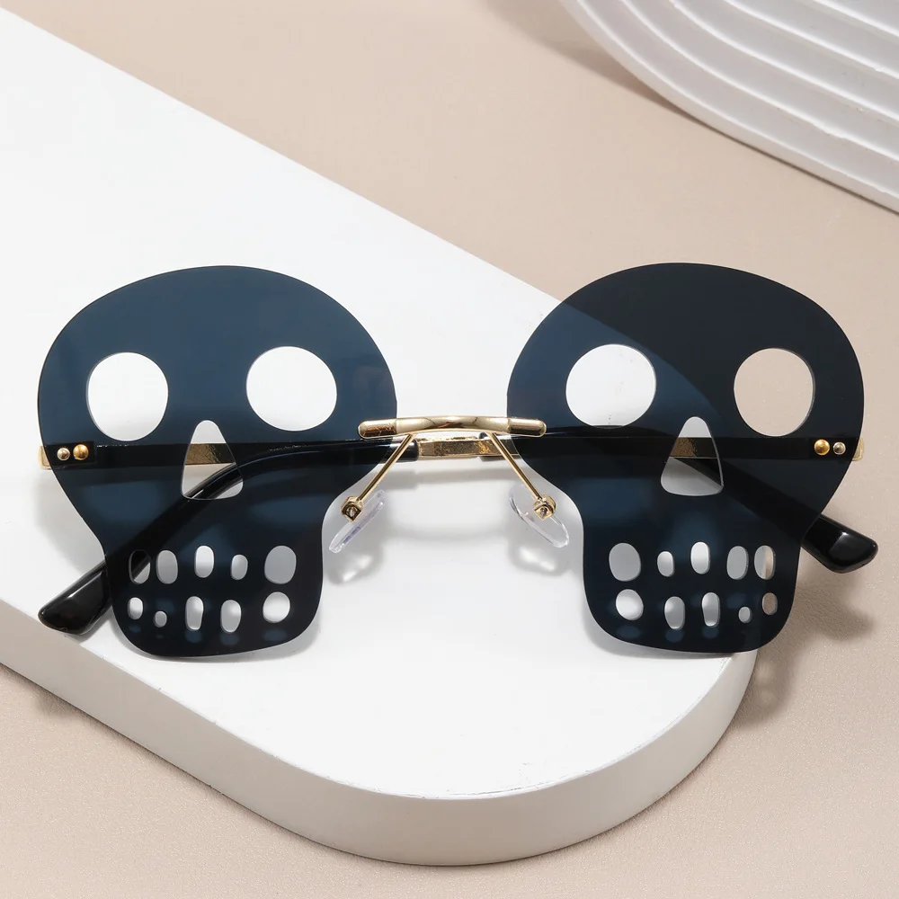 Halloween Skull Sunglasses New Black Rimless Funny Sunglasses Party and Frameless Sunglasses for Men and Women Skull Glasses