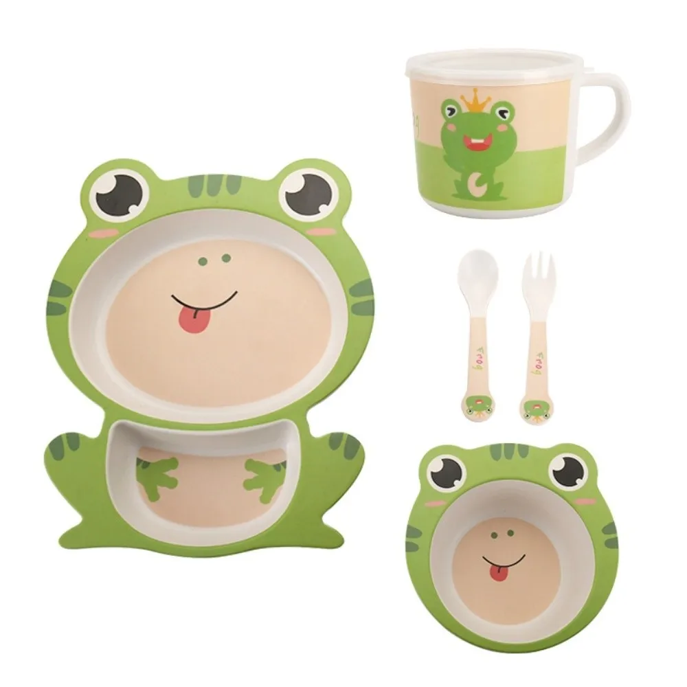 

5pcs/set Natural Bamboo Fiber Rice Plate Cartoon Pattern Lightweight Feeding Set Cute Design Eco-Friendly Children Tableware