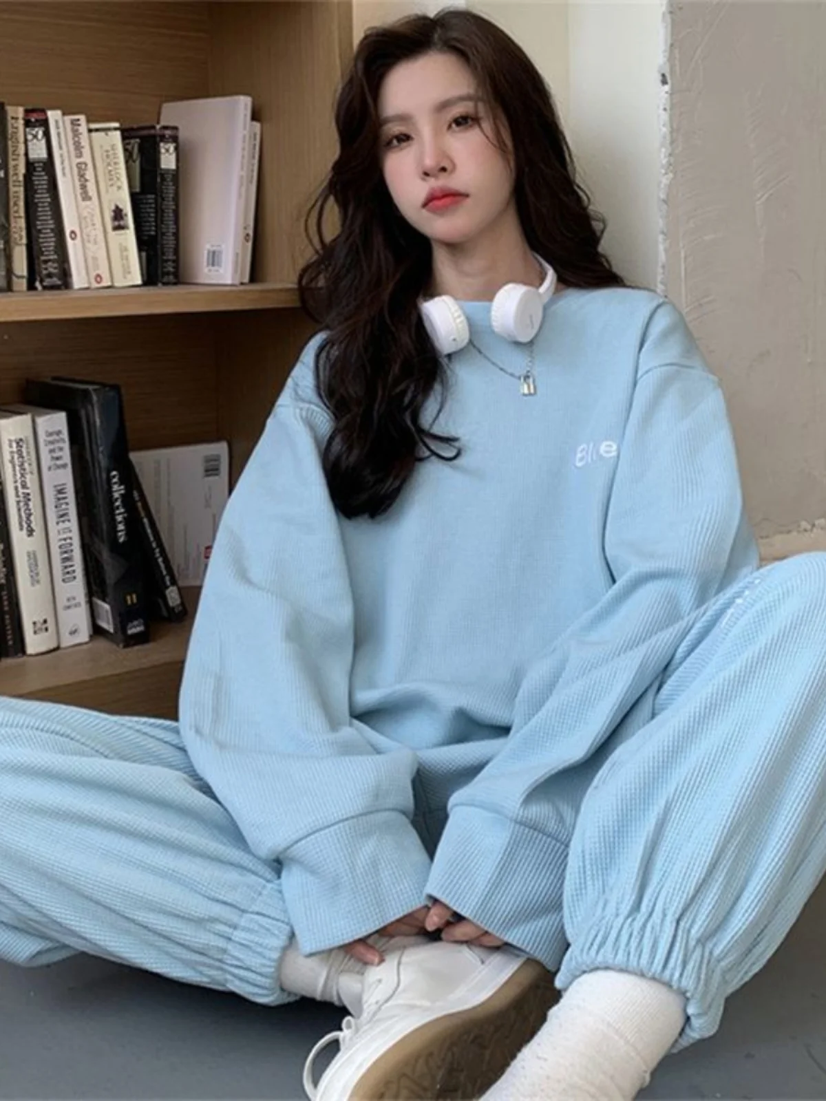 

Spring Autumn Blue Sports Hoodie Joggers Set Women Casual Thin Running Two Piece Set Long Sleeve round Neck Overhead Style