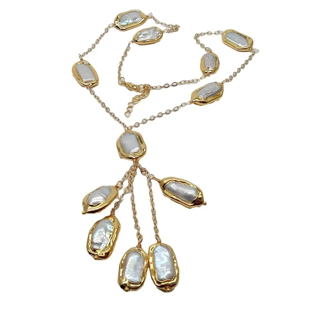 YYGEM  Gold color Plated Link Chain natural Freshwater Cultured White Biwa Pearl  Necklace 19\