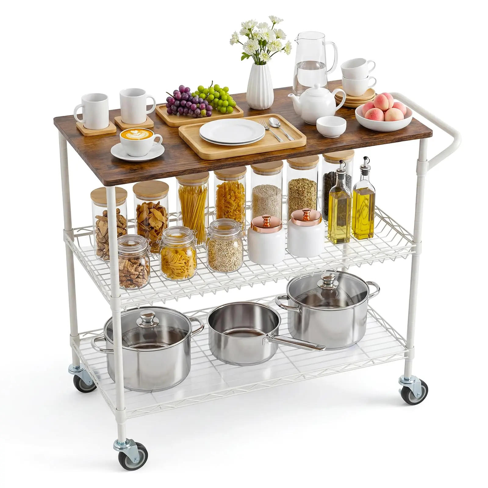 35.43 Inch Rolling Kitchen Cart On Wheels With Wood Top 3-Tier Heavy Duty Utility Cart 550 Lbs Capacity 2 Shelf Liners 10 Hooks 360 Degree Swivel And Lockable Casters Metal Serving Storage Cart For Restaurant