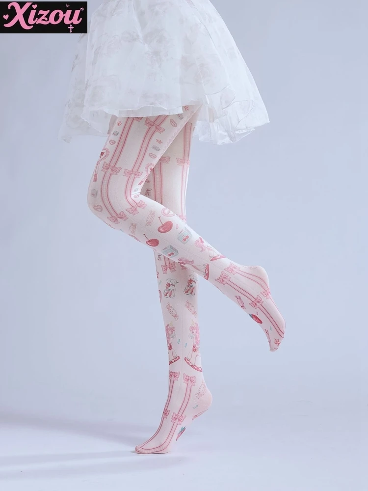 Spring and Autumn Cute Soft Girl Pink Lolita Two-dimensional Cherry Strawberry Trojan Horse Print Stockings Pantyhose Women