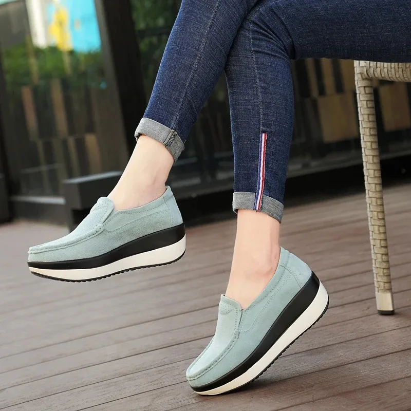 Women Flat Platform Loafers Ladies Elegant Suede Leather Moccasins Shoes Woman Slip On Moccasin Women\'s Blue Casual Shoes