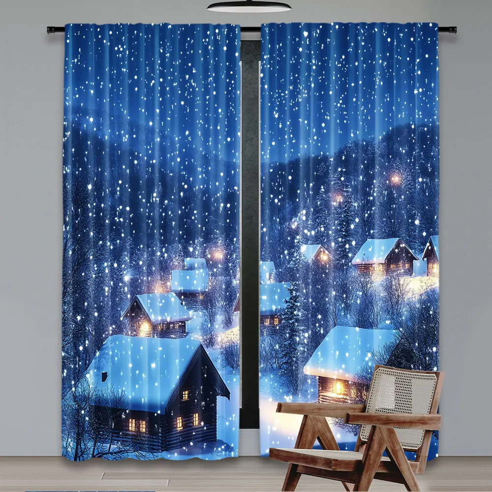 2Pcs Winter Christmas Village Curtain Blue Night Sky Snow Scene Snowfall Fir Trees Forest For Living Room Bedroom A