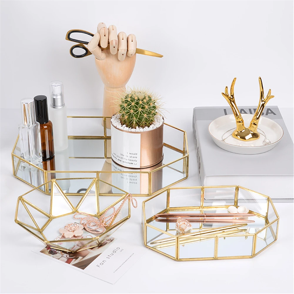 Luxury Glass Storage Tray Gold Tray Jewelry Cosmetic Organizer Box Decoration Retro Copper Case Makeup Box Northern Europe