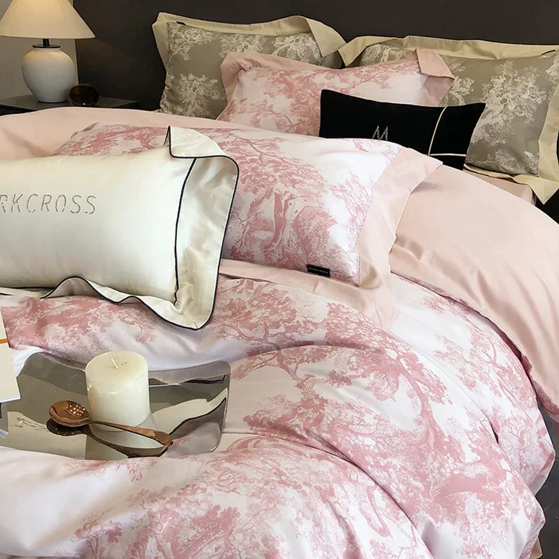 Long Staple Cotton Embroidered Color Match Four-piece Bedding Household Must Four Seasons Universal Luxury Bedding Pink White