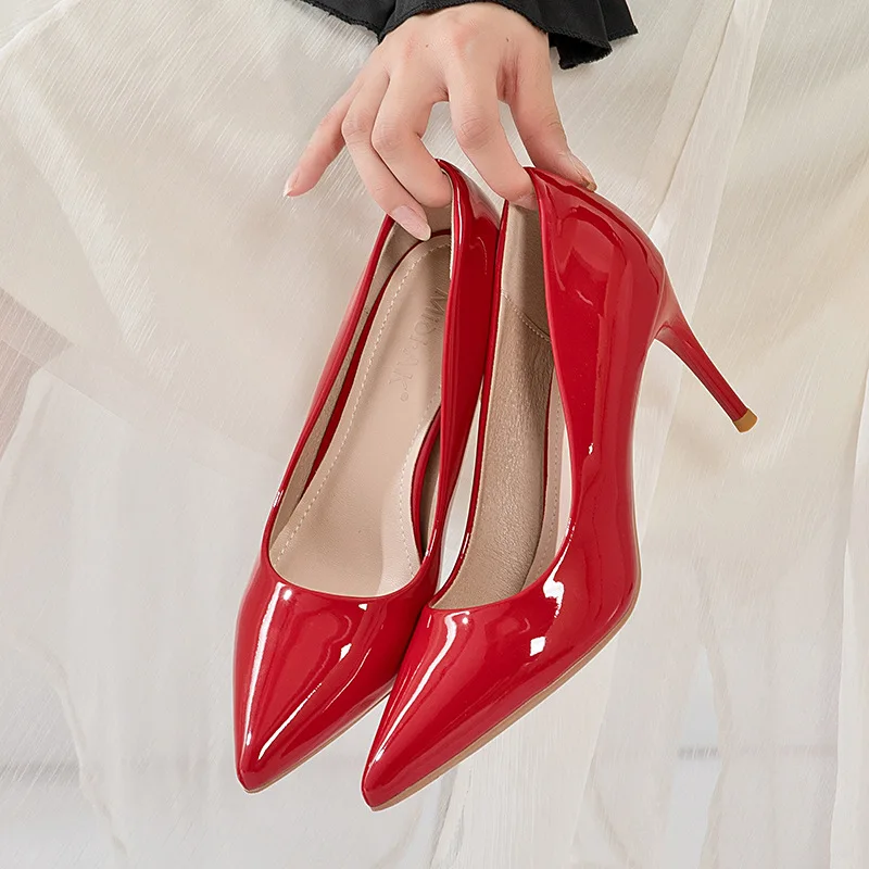

Womens Pumps Temperament Pointed Patent Leather Stiletto High Heels Shoes Shallow Mouth Single Shoes Etiquette Formal Work Shoes