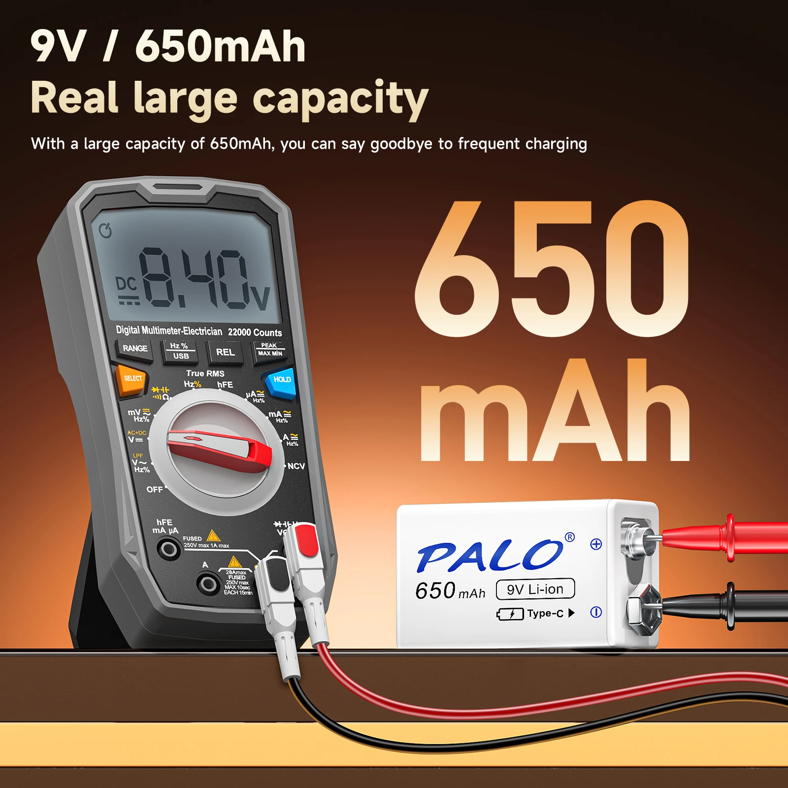 Akumulator PALO 9V 650mAh 6F22 Type-C 9V Li-ion do multimetru, mikrofonu, zabawek, pilota zdalnego sterowania, KTV — zdjęcie produktu 3