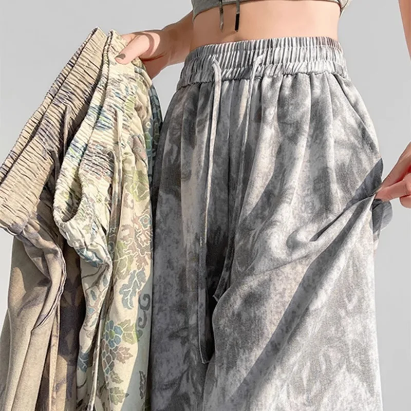 الحرير الجليد القطن الكتان المطبوعة واسعة الساق السراويل الصيف رقيقة تنوعا سراويل تقليدية مريحة عالية الخصر ثنيات السراويل المستقيمة