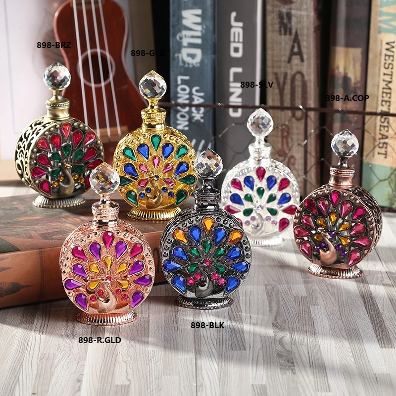 12ml Arab Peacock Orchid Plum Flower Stones Metal Refillable Perfume Bottle Fragrance Attar Oil Glass Bottles Home Decor Gift