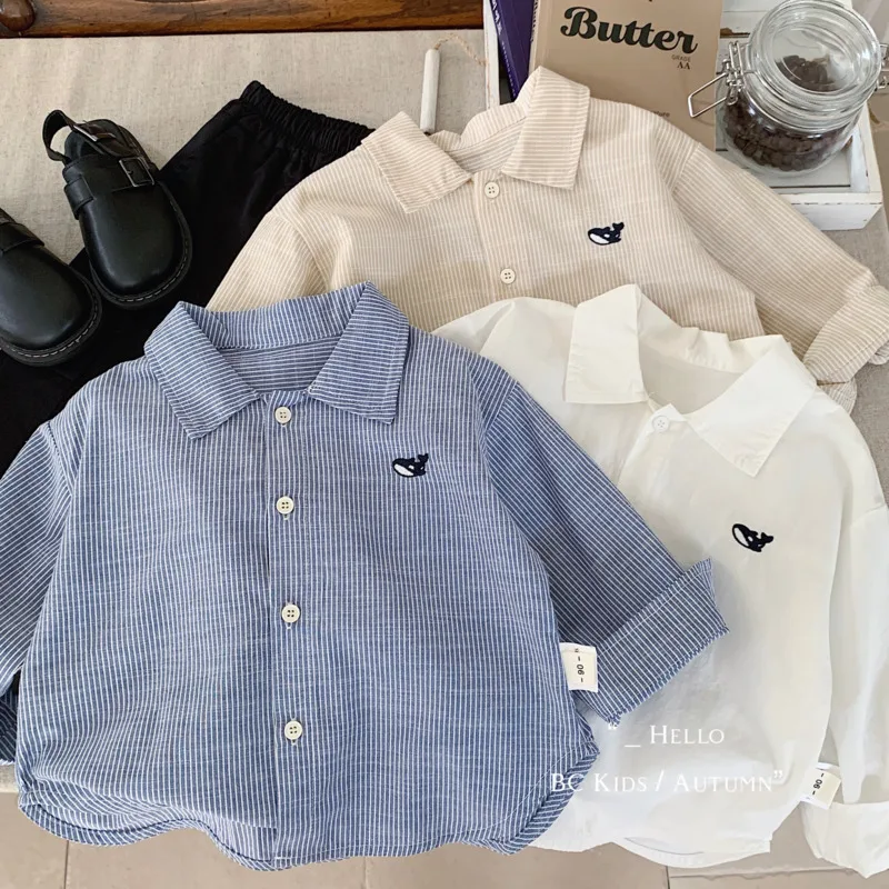 

Осень-зима 2025 г., хлопковая мягкая детская рубашка для мальчиков, кардиган с вышивкой «маленькая рыбка», толстовка с длинными рукавами, От 3 до 10 лет, наряд