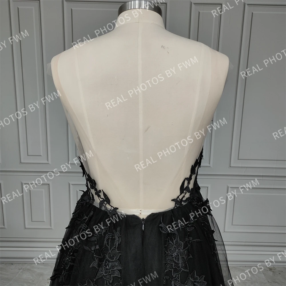 15498 #   Vestido de novia gótico negro con foto Real, vestido de novia Sexy con abertura lateral, vestido de novia de tul sin espalda personalizado de talla grande