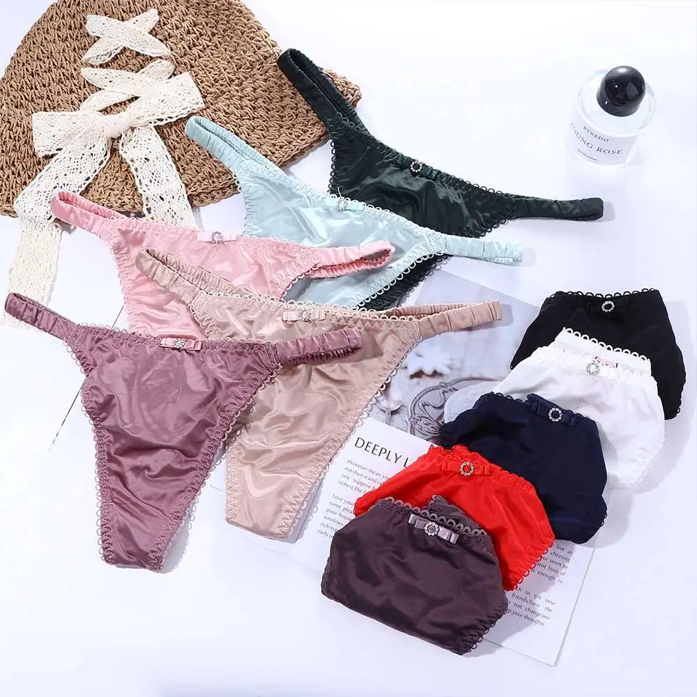 

Sweet Bow Panties For Women Girls Solid Color Thin Belt Sports Women Thong Low Waist Seamless Soft Satin Briefs Female Lingerie