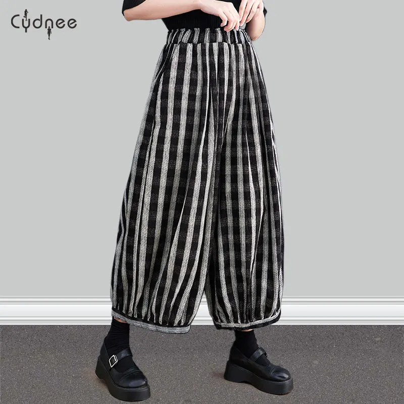 Women Baggy Harem Circus Slacks Stripe Wide Leg Cropped Pants Elastic Waist Loose Casual Plus Size Linen Trousers Bottoms