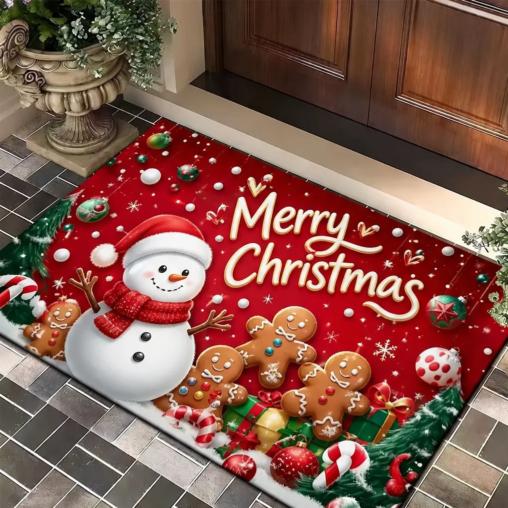 Christmas Snowman Gingerbread Man Entrance Rug Doormat Red Xmas Gift Ball Pattern Mat for Front Door Holiday Decoration