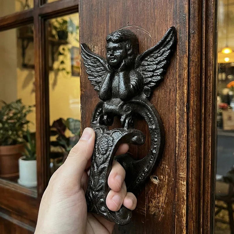 Nordic Cast Iron Angel Door Knocker Ironwork Door Pull Garden Home Decor Wall Hanging Café Bar Entrance Handle Doorknocker