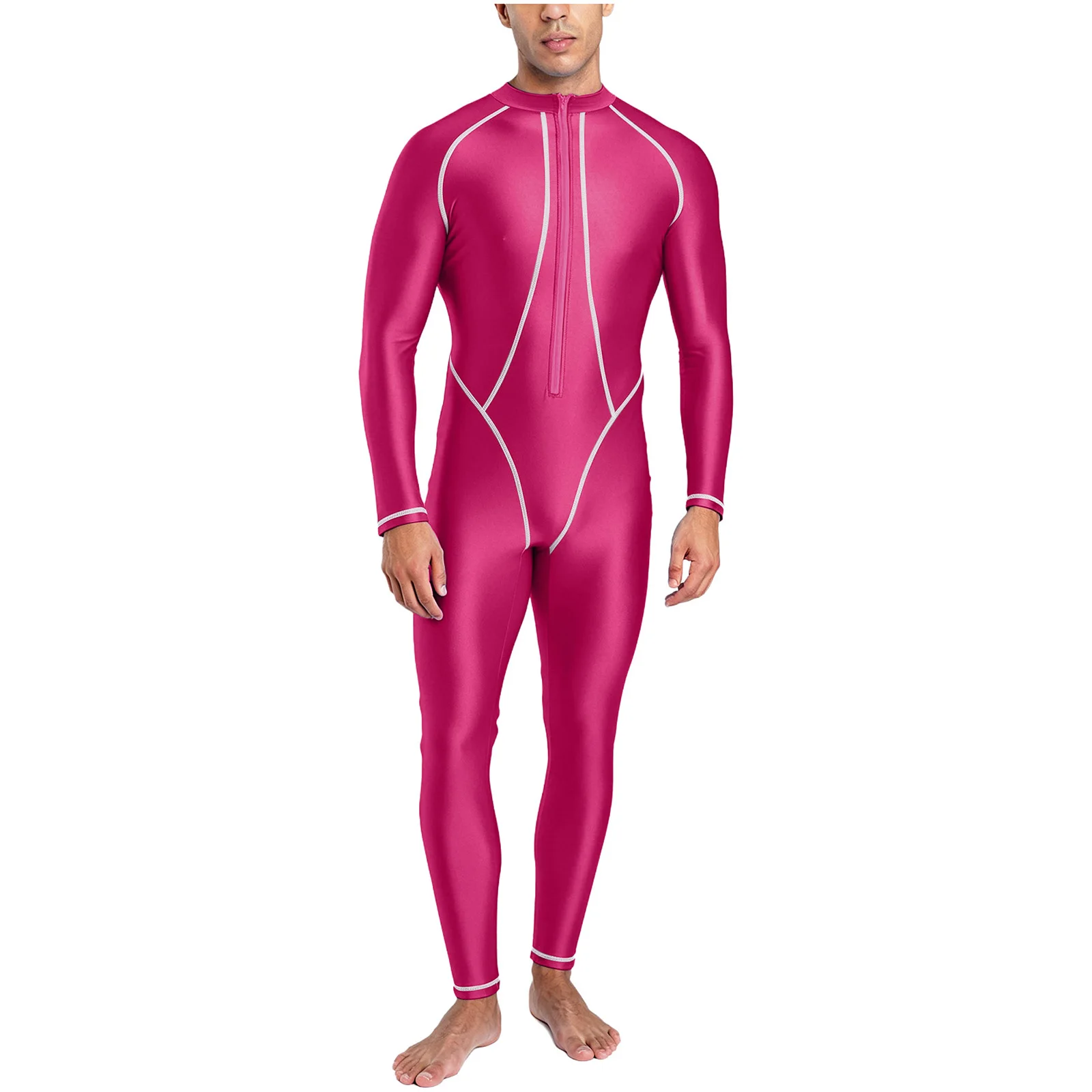 Men Full-body Coverage Rash Guard Bathing Suit Long Sleeves Glossy Jumpsuit One Piece Surfing Diving Bodysuit Swimwear