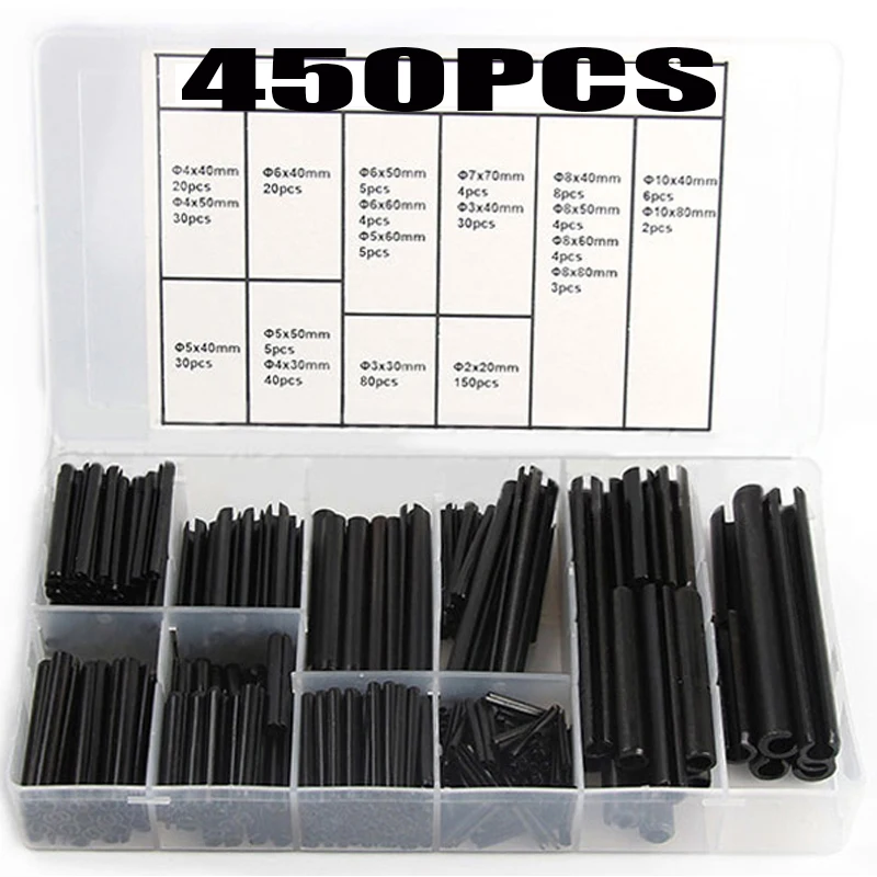 

450Pcs M2 M3 M4 M5 M6 M7 M8 M10 Spring Steel Split Pin Set Dowel Tension Roll Hollow Pin Positioning Cotter Pin Assortment Kit