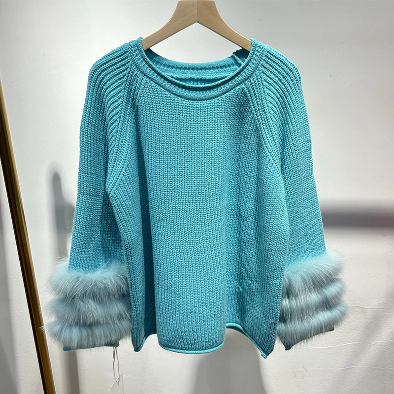 2025 Women Winter Thick Blue Natural Fox Fur Girl Autumn Classic Colorful Sweater Knitted Coat