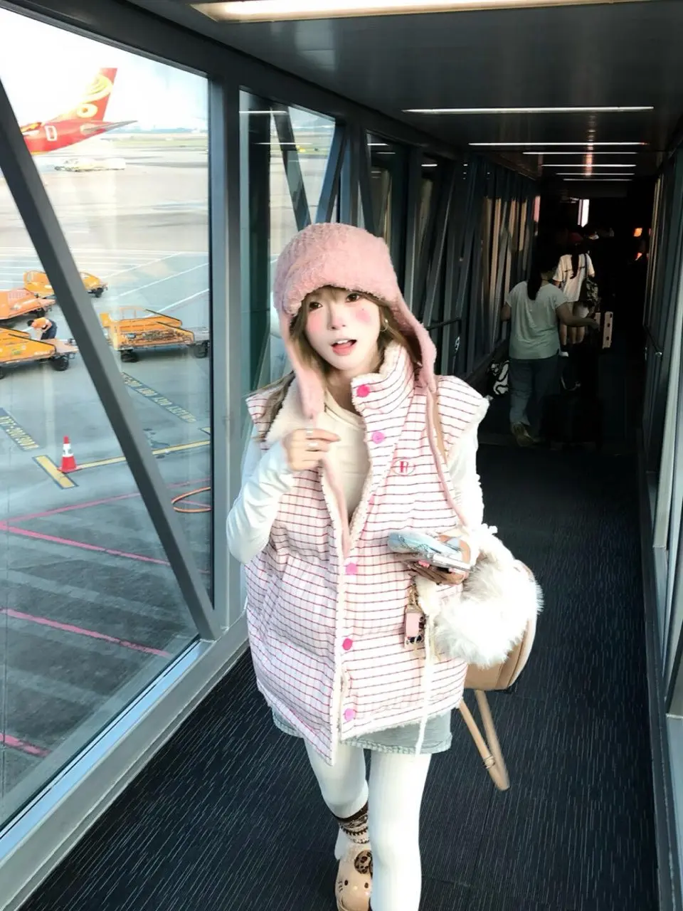 

Розовый клетчатый двусторонний жилет из овечьего меха, хлопковый тюре, женский осенне-зимний милый свободный жилет для колледжа, пальто