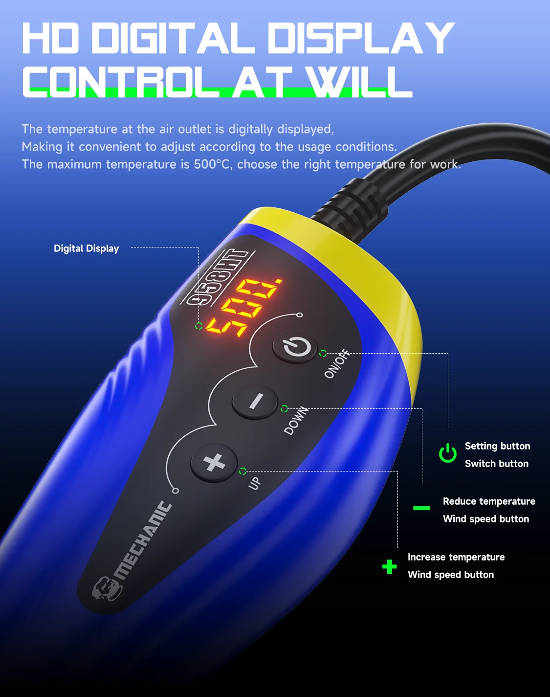 MECHANIC 958HT デジタルホットエアガン LED ディスプレイ調整可能な温度はんだ付けツール BGA リワークチップ除去熱修理用