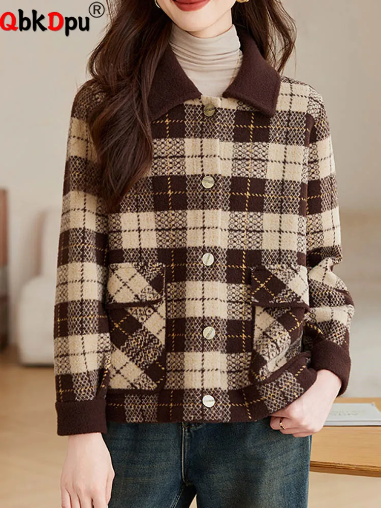 

Fall Winter Loose Woolen Outerwears Women Casual Plaid Design Single Breasted Jackets Korean Fashion Long Sleeve Chaquetas New