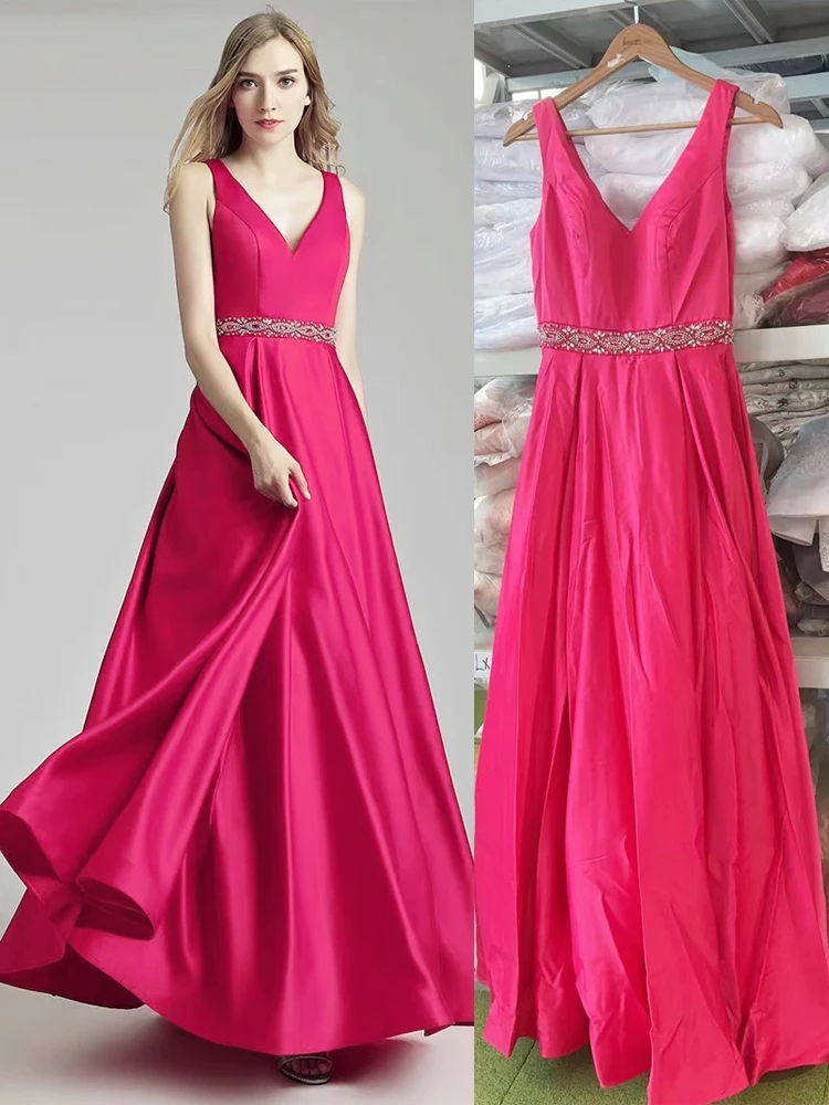 

In Stock Fuchsia Evening Dresses V Neck Satin Ball Gown Beading Vestidos Para Mujer Pageant Celebrity Prom Party Dress