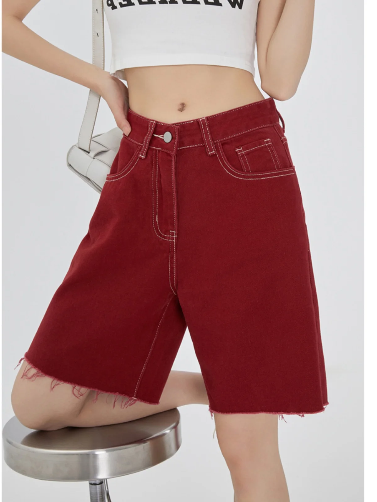 ZHISILAO Red Denim Shorts Women Vintage Y2K High Waist Straight Jeans Shorts Summer 2024