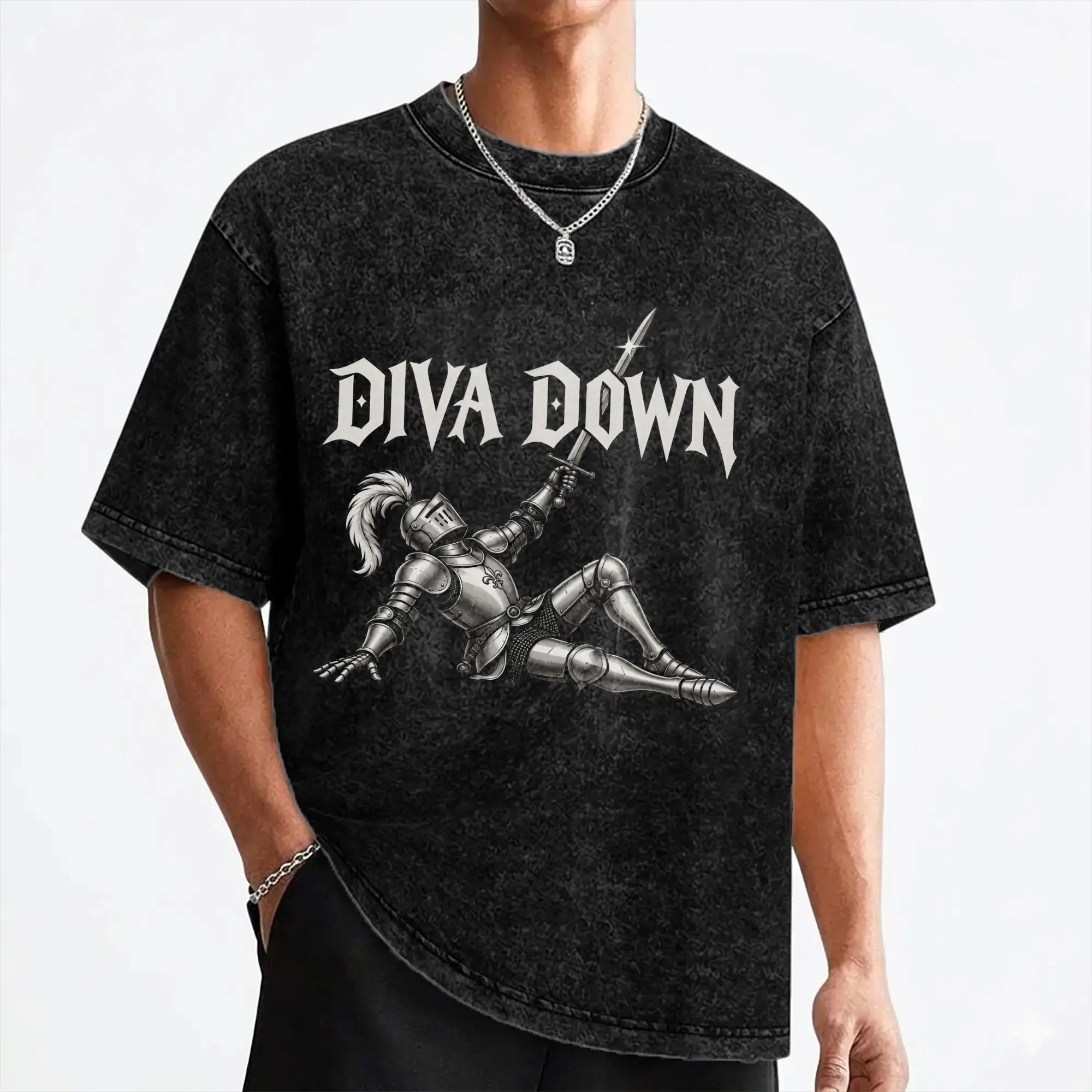 Diva Down Medieval Knight Humor Washed T Shirt Streetwear Hip Hop Vintage T-Shirt Tees Men Women Short Sleeve Oversize Summer
