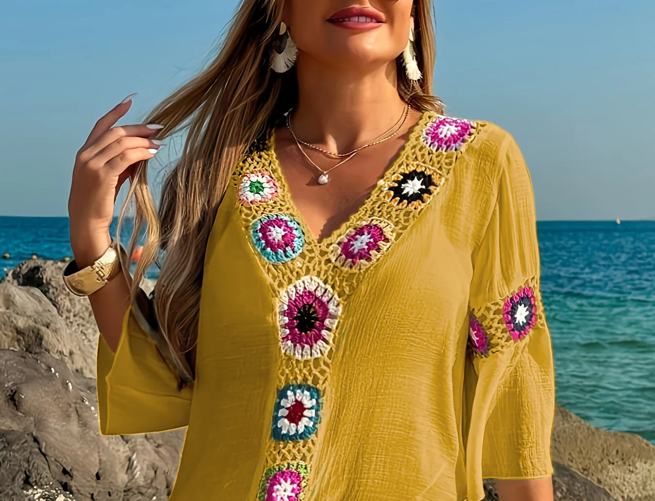 MOXDOBohemian Crochet Beach Dress, Loose Flared Sleeve Vacation Tunic for Pool & Seaside view 4