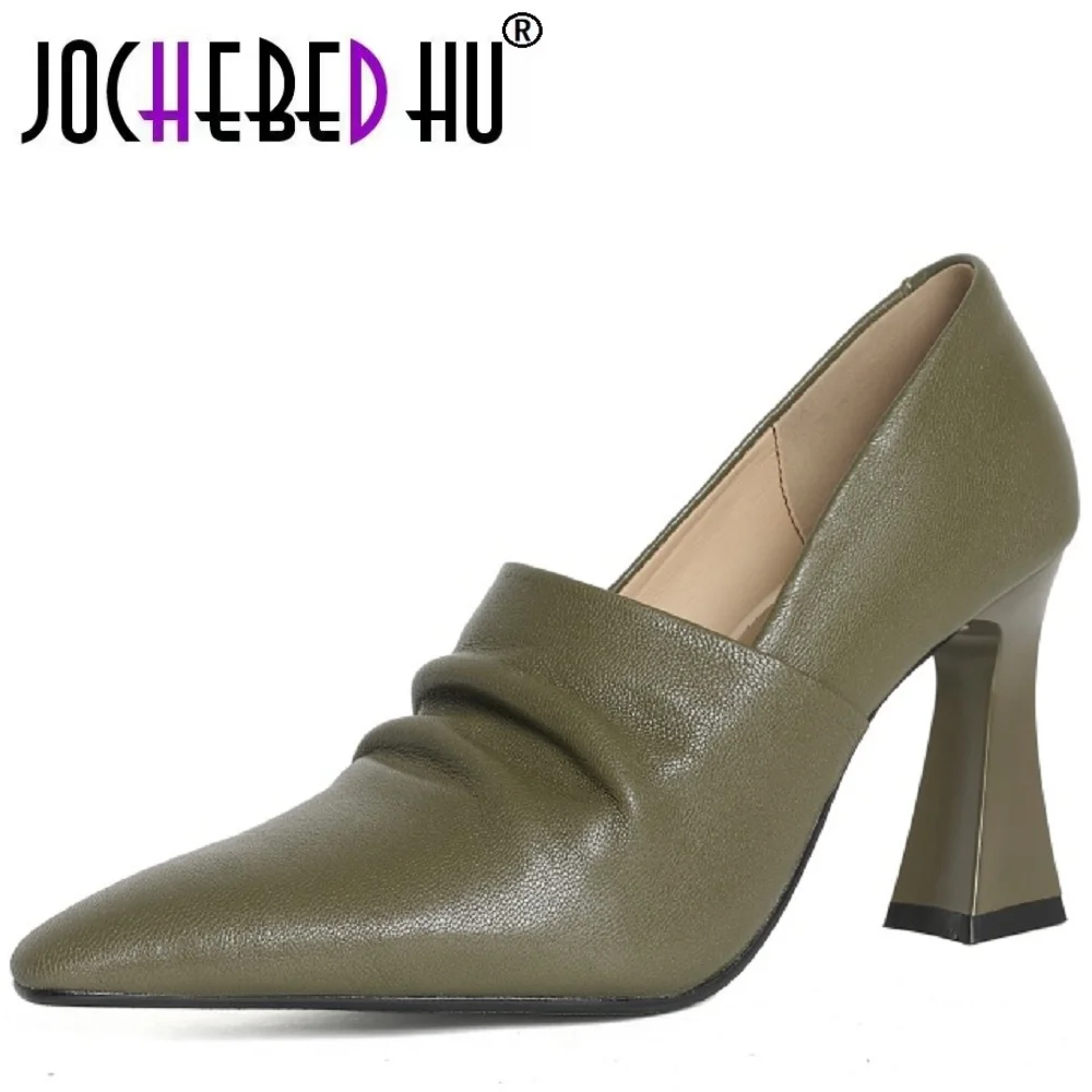 

【JOCHEBED HU】Женские лоферы из натуральной кожи ручной работы в стиле ретро, модные, на среднем каблуке, на массивном каблуке, на одинарном, удобные, повседневные, 33–43