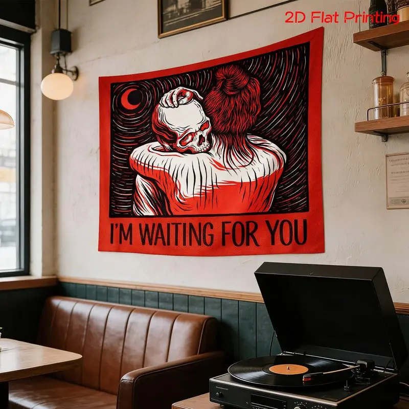 VIKAMA Wall Tapestry Dark Style Skeleton Embracing Tapestry Red and Black Retro I'm WAITING FOR YOU Text Printing Room