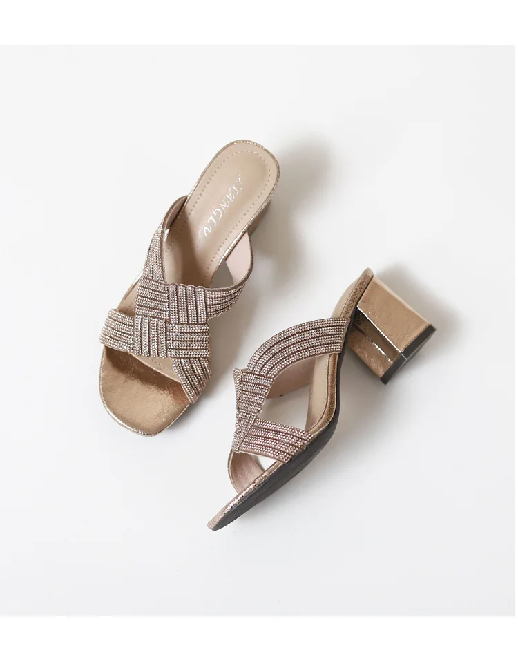 322-7 High Heel Sandals 2023 Summer Fashion Thick Heel Daily Versatile Rhinestone Roman Shoes Women