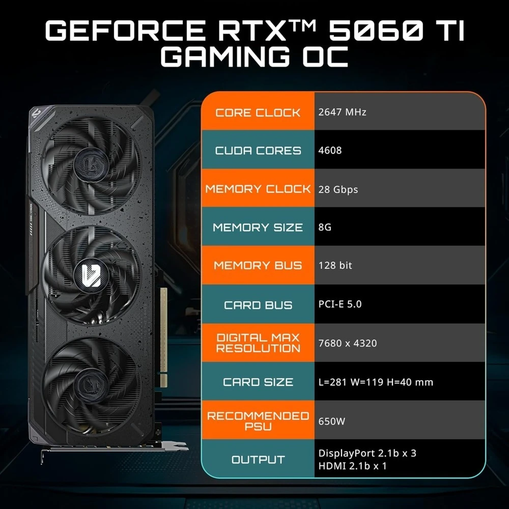 

Игровая видеокарта GeForce RTX 5060 Ti 8 ГБ GDDR7 128-бит PCIe 5.0 с системой охлаждения WINDFORCE