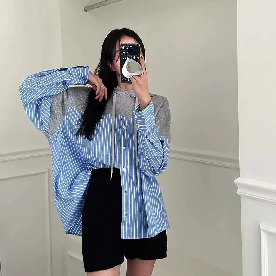 

SuperAen Korean-style Striped Casual Loose Hooded Shirt for Women Long-sleeved Color-blocking Patchwork Fashion Oversize Tops