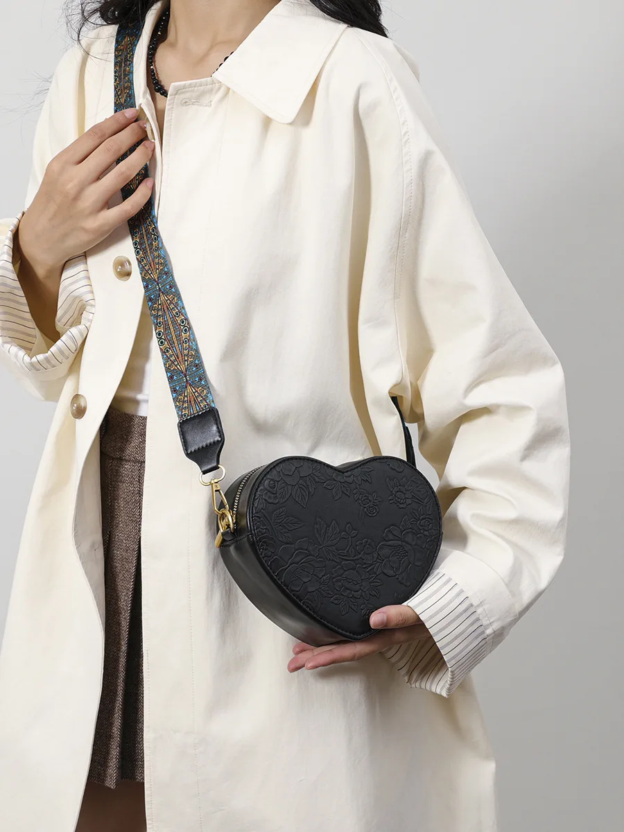 Women Heart Shape Crossbody Bag Floral Embossed Faux Leather Purse Boho Wide Printed Strap Vintage Shoulder Handbag