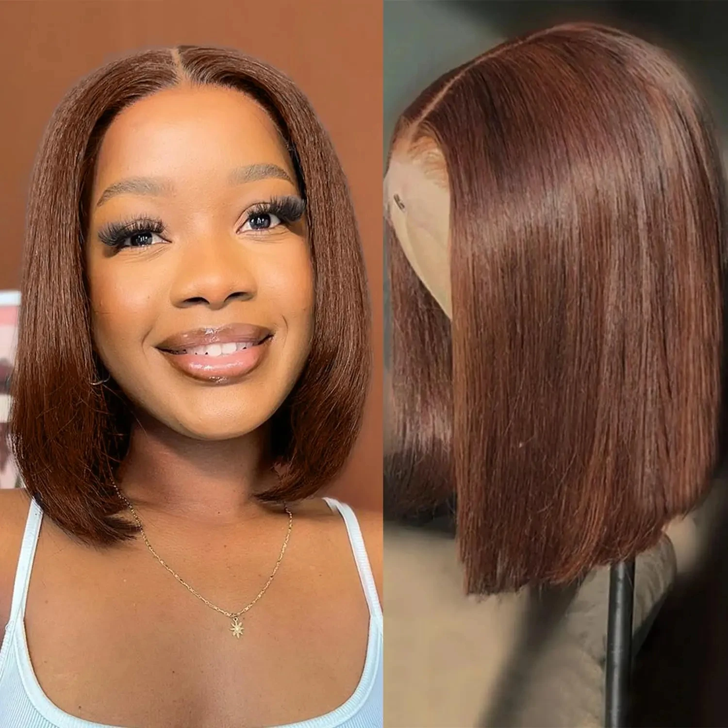 

13x4 Short Bob Wig Straight Chocolate Brown 4# 13x4 Lace Frontal Wig Human Hair Brazilian Remy Hair Color Brown Bob For Women