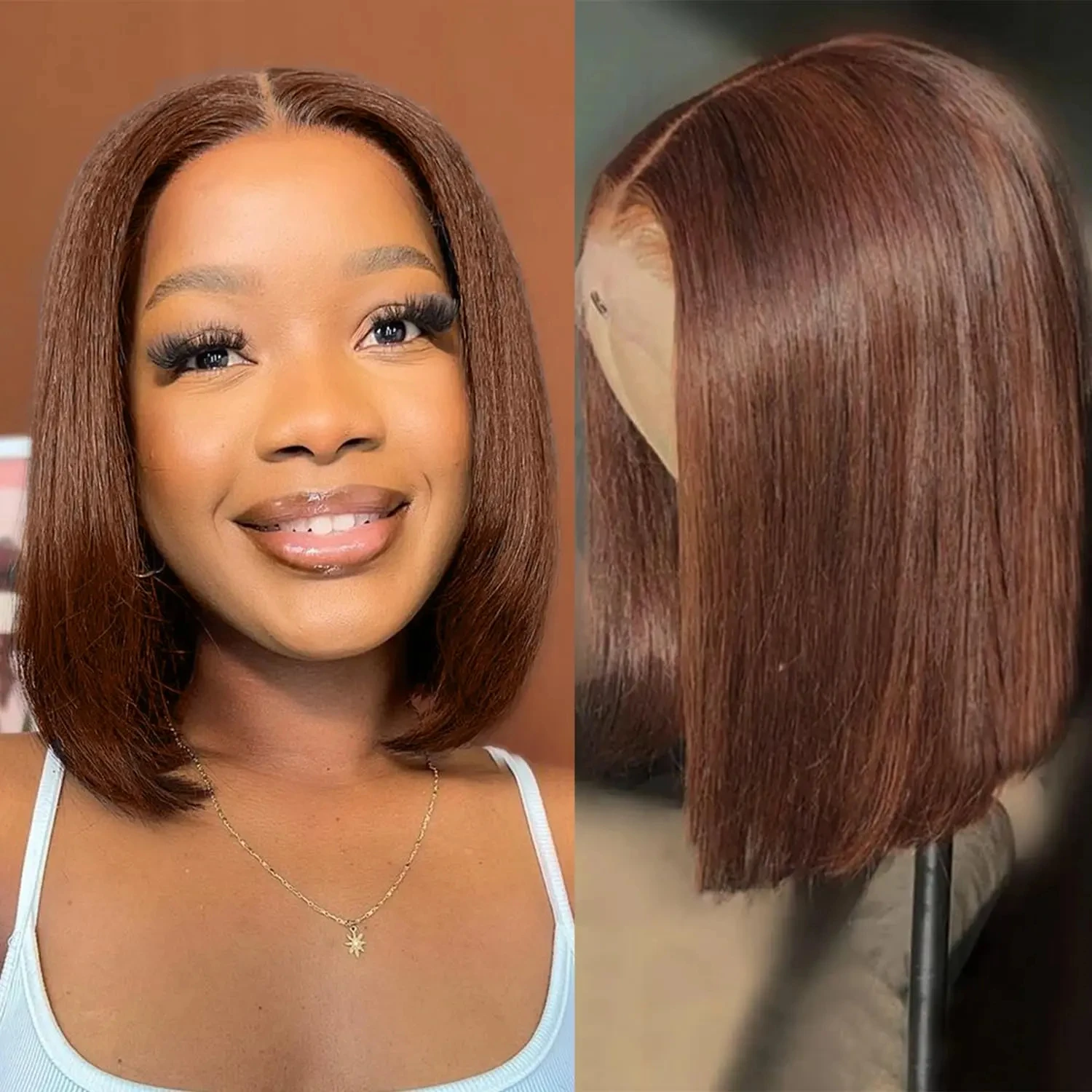 13x4 Short Bob Wig Straight Chocolate Brown 4# 13x4 Lace Frontal Wig Human Hair Brazilian Remy Hair Color Brown Bob For Women