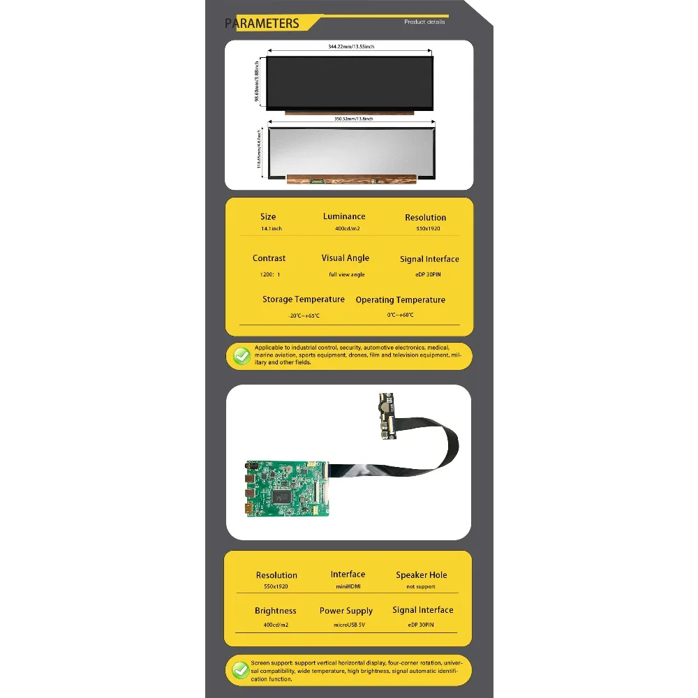 LESOWN 14.1 Inch 1920x550 Bar Display Module Plug and Play Mini HDTV Type-C 5V IPS Monitor Panel with Controller Board