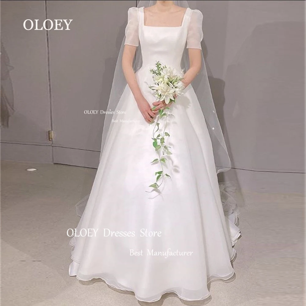 OLOEY Simple Ivory Tulle Wedding Dresses Korea Photoshoot Square Collar Short Sleeves Bridal Gowns Vestido De Noiva Corset