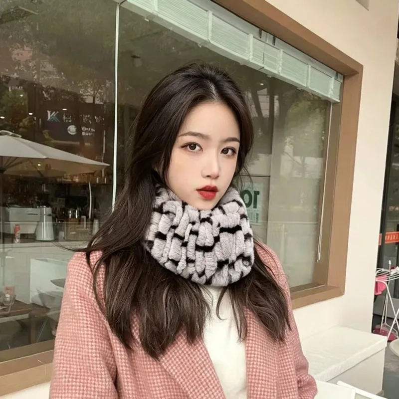 Genuine Rex Rabbit Fur Scarf Thick Elastic Mesh Neck Warmer Girls Fashion Fur Headband Plush Head Cover Russian Warm Fur Scarf