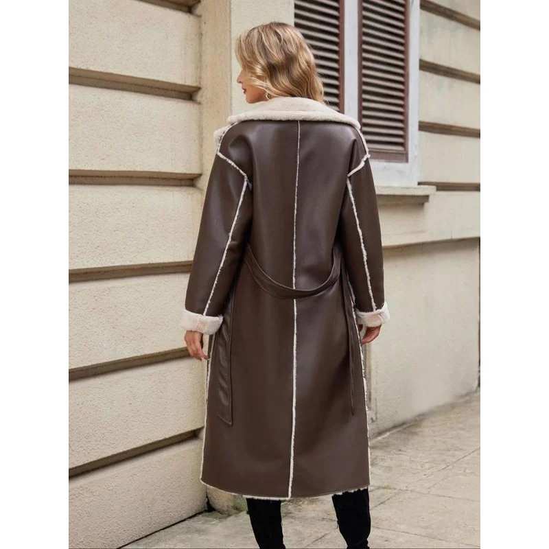 Women's solid color waist belt off shoulder imitation fur leather jacket, autumn and winter casual long sleeved lapel coat,