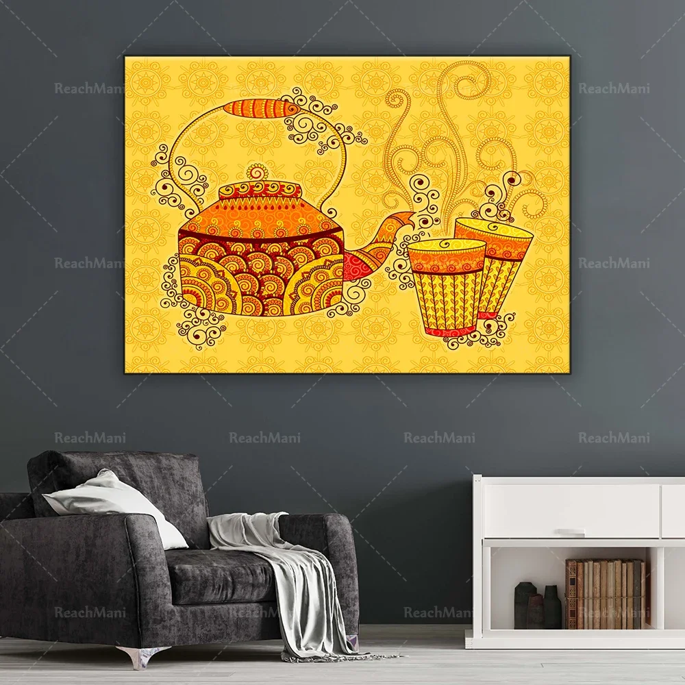 

Indian Art Canvas Poster Indian Kettle Tea Glass Yellow Pop Art Modern Street Decoration Printing