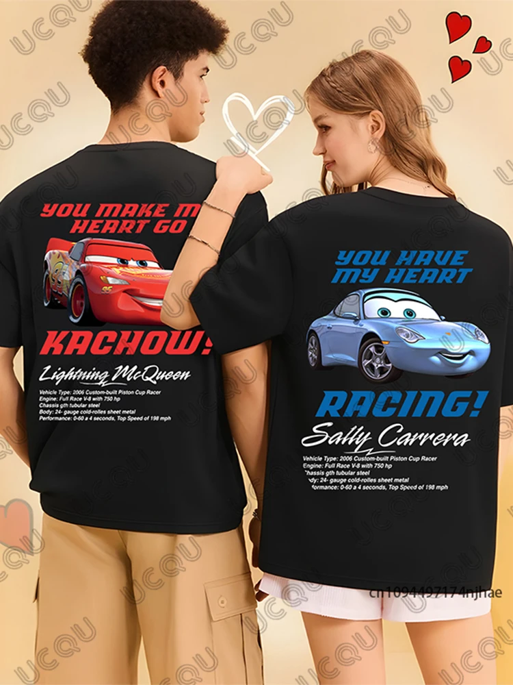 

2026 Summer New Valentine's Day Lightning Mcqueen & Sally Print Couple Cotton Tshirt For Women Men Short Sleeve Tees Casual Tops